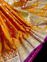 Semi Pure Mango Yellow Dual Tone Soft Banarasi Mashru Silk Handloom Saree
