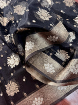 Black Organza Silk Saree with Antique and Sliver Zari, Floral design