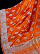 Marigold Color Banarasi Mashru Silk Saree, Muted Gold Zari Weave, Small Border