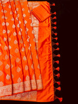 Marigold Color Banarasi Mashru Silk Saree, Muted Gold Zari Weave, Small Border