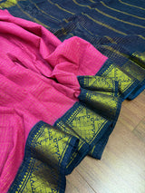 Deep Pink Blue Madurai Sungudi Cotton Saree | Zari Checks Handmade Traditional Wear | No Blouse