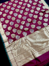 Wine Color Traditional Banarasi Tanchoi Handloom Silk Saree | Tree Pattern Buttas with small zari buttis and Tanchoi Weave | Banarasi Saree