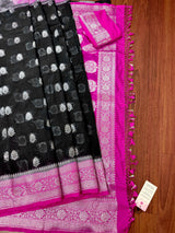 Black Semi Banarasi Organza Silk Saree with Hot Pink Border & Silver Zari Weave