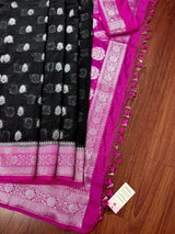 Black Semi Banarasi Organza Silk Saree with Hot Pink Border & Silver Zari Weave