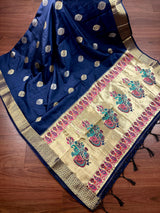 Navy Blue saree in soft silk with paithani weave with muted gold zari — Kaash Collection