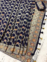 Navy Blue Georgette Silk Saree with Jaal Floral Weave, Meenakari