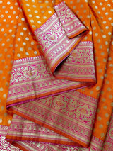 Bright Fanta Orange Orange with Pink Banarasi Silk saree — Kaash Collection