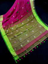 Magenta Pink & Green Color Handloom Linen saree — Kaash Collection