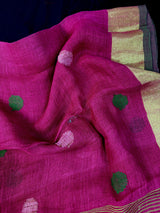Magenta Pink & Green Color Handloom Linen saree — Kaash Collection