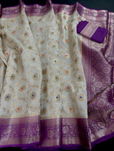 Ivory Cream Banarasi Pure Tussar Silk Saree - Kaash