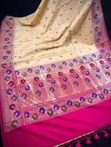 Ivory Cream Banarasi Silk Saree with Hot Pink combination - Kaash