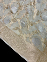 Ivory Linen Silk saree in linen silk with banarasi border with floral jaal weave — Kaash Collection
