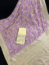 Lavender and Beige pure khaddi georgette banarasi silk saree with muted gold zari jaal with hand-brush — Kaash Collection
