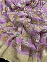 Lavender and Beige pure khaddi georgette banarasi silk saree with muted gold zari jaal with hand-brush — Kaash Collection