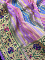 Lavender pure banarasi georgette silk paithani saree with paithani stripes & meenakari — Kaash Collection