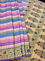 Lavender pure banarasi georgette silk paithani saree with paithani stripes & meenakari — Kaash Collection