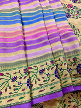 Lavender Color Pure Banarasi Georgette Silk Paithani Saree with Meenakari Work with Multi Color Stripes - Silk Mark Certified - Kaash