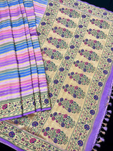 Lavender Color Pure Banarasi Georgette Silk Paithani Saree with Meenakari Work with Multi Color Stripes - Silk Mark Certified - Kaash