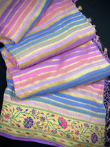 Lavender Color Pure Banarasi Georgette Silk Paithani Saree with Meenakari Work with Multi Color Stripes - Silk Mark Certified - Kaash