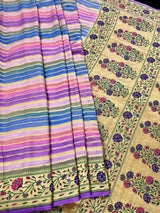 Lavender Color Pure Banarasi Georgette Silk Paithani Saree with Meenakari Work with Multi Color Stripes - Silk Mark Certified - Kaash