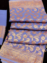 Lavender Color Pure Khaddi Georgette Banarasi Silk Saree with Antique Copper Zari Weave | Lavender Color Saree | SILK MARK CERTIFIED - Kaash