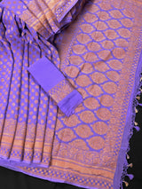 Lavender pure khaddi georgette banarasi silk saree with copper zari with wide border — Kaash Collection