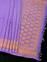 Lavender pure khaddi georgette banarasi silk saree with copper zari with wide border — Kaash Collection