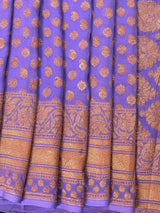 Lavender pure khaddi georgette banarasi silk saree with copper zari with wide border — Kaash Collection