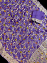 Lavender pure khaddi georgette banarasi silk saree with muted gold zari with hand-brush — Kaash Collection