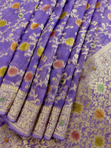 Lavender pure khaddi georgette banarasi silk saree with muted gold zari with hand-brush — Kaash Collection