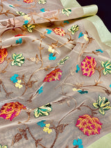 Light Beige with Pista Green Borders saree in banarasi kora with floral embroidery with golden zari borders — Kaash Collection