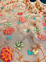 Light Beige with Pista Green borders Banarasi Kora Saree with Floral Embroidery Work with Zari Borders and Pallu | Kaash Collection - Kaash