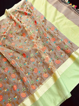 Light Beige with Pista Green borders Banarasi Kora Saree with Floral Embroidery Work with Zari Borders and Pallu | Kaash Collection - Kaash