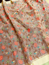 Light Beige with Pista Green borders Banarasi Kora Saree with Floral Embroidery Work with Zari Borders and Pallu | Kaash Collection - Kaash