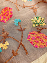 Light Beige with Pista Green borders Banarasi Kora Saree with Floral Embroidery Work with Zari Borders and Pallu | Kaash Collection - Kaash