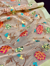 Light Beige with Pista Green borders Banarasi Kora Saree with Floral Embroidery Work with Zari Borders and Pallu | Kaash Collection - Kaash