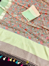 Light Beige with Pista Green borders Banarasi Kora Saree with Floral Embroidery Work with Zari Borders and Pallu | Kaash Collection - Kaash