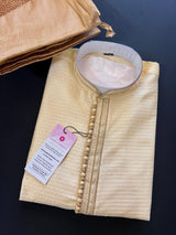Light Gold men's kurta pajama in soft silk (non-pure) with small embroidery buttis with neckline detail — Kaash Collection
