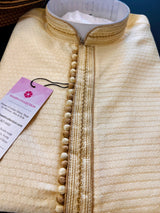 Light Gold men's kurta pajama in soft silk (non-pure) with small embroidery buttis with neckline detail — Kaash Collection