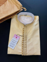 Light Gold men's kurta pajama in soft silk (non-pure) with small embroidery buttis with neckline detail — Kaash Collection