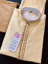 Light Gold men's kurta pajama in soft silk (non-pure) with small embroidery buttis with neckline detail — Kaash Collection