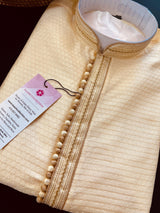 Light Gold men's kurta pajama in soft silk (non-pure) with small embroidery buttis with neckline detail — Kaash Collection