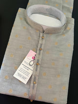 Light Grey Raw Silk Men Kurta Pajama in Self Design Embroidery and Gold Zari Buti - Kaash