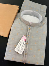 Light Grey Raw Silk Men Kurta Pajama in Self Design Embroidery and Gold Zari Buti | Indian Wedding Kurta for Men | Grey Color Kurta for Men - Kaash