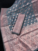 Light Grey Semi Banarasi Silk Saree with Copper Zari - Floral Pattern in Copper and Sliver Zari - Kaash