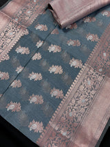 Light Grey Semi Banarasi Silk Saree with Copper Zari - Floral Pattern in Copper and Sliver Zari - Kaash