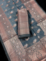 Light Grey Semi Banarasi Silk Saree with Copper Zari - Floral Pattern in Copper and Sliver Zari - Kaash