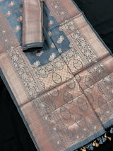 Light Grey Semi Banarasi Silk Saree with Copper Zari - Floral Pattern in Copper and Sliver Zari - Kaash