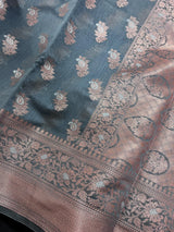 Light Grey Semi Banarasi Silk Saree with Copper Zari - Floral Pattern in Copper and Sliver Zari - Kaash