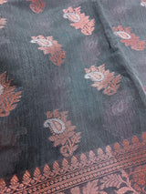 Light Grey Semi Banarasi Silk Saree with Copper Zari - Floral Pattern in Copper and Sliver Zari - Kaash
